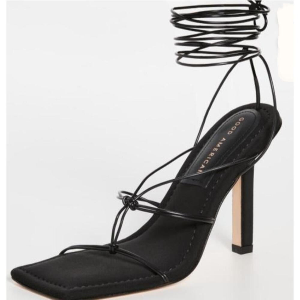 Good American Neoprene Cage Black Tie Lace Up Gladiator Heel NEW 9.5